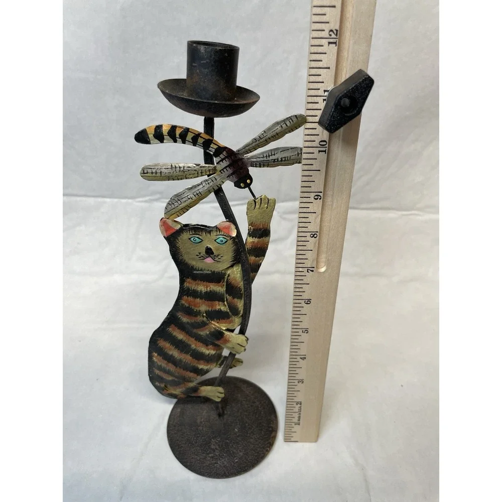 VTG Hand painted Metal 3-D Tabby Cat Dragonfly Candelabra 12
